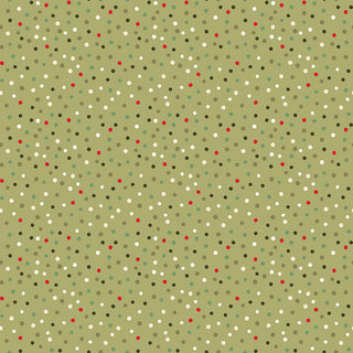 Glisten by Sandy Gervais C16228-OLIVE GLISTEN DOTS OLIVE Fabric by 56-Riley Blake features small red, white, brown, and green dots on light olive-green cotton. Sold by the yard; 43/44 inches wide.