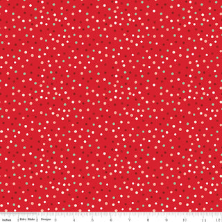Glisten by Sandy Gervais C16228-RED for 56-Riley Blake: red cotton fabric with small white, cream, and brown dots, 43/44" wide, sold by the yard. Ruler at bottom shows inches 1–12.