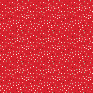 Glisten by Sandy Gervais (C16228-RED) by 56-Riley Blake features a red cotton fabric with evenly spaced small white, tan, and light pink dots in a simple polka dot pattern; 43/44" wide, sold by the yard.