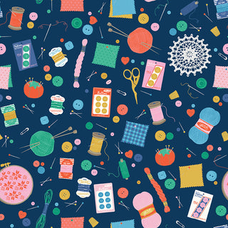 Hand Made by Riley Blake C16590-NAVY Notions Navy Fabric features sewing items like yarn, buttons, and scissors on a dark blue background—ideal for quilting and crafts. By Fabric by Riley Blake.