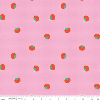 Hand Made by Riley Blake C16592-PINK Pincushions Pink Fabric by Fabric by Riley Blake features a repeating tomato pincushion pattern with green stems on pink with white polka dots, plus an inch ruler along the bottom—ideal for quilting.