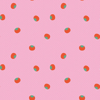 Hand Made by Riley Blake C16592-PINK Pincushions Pink Fabric features red tomato pincushions with green stems on a pink polka dot background—ideal for quilting or any handmade project. By Fabric by Riley Blake.