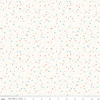 Hand Made by Riley Blake C16594-CLOUD Pins Cloud Fabric by Riley Blake features a white background with scattered colored pins and a ruler border—ideal for quilting or home décor projects.