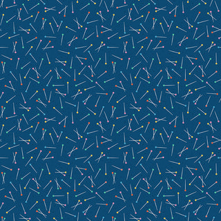 Hand Made by Riley Blake C16594-NAVY Pins Navy Fabric by Fabric by Riley Blake features a seamless pattern of multicolored straight pins scattered diagonally on navy—ideal for quilting, apparel, and home decor projects.