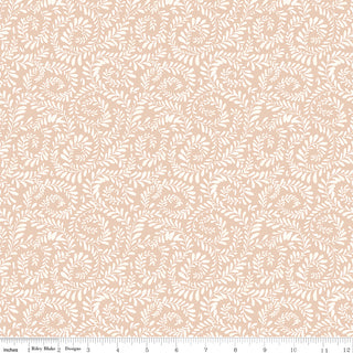 Riley Blake Sunflower Whispers by Lisa Audit Fabric C16672-BLUSH features a beige cotton fabric with intricate white leaf and vine designs. A ruler marked in inches appears along the bottom edge for scale. Brand: Fabric by Riley Blake.