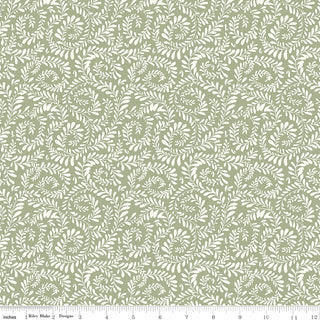 Riley Blake Sunflower Whispers by Lisa Audit Fabric C16672-GREEN features a white leafy vine on muted green 100% cotton, with ruler in inches along the bottom. Brand: Fabric by Riley Blake.