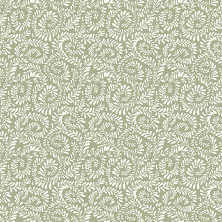 Riley Blake Sunflower Whispers by Lisa Audit Fabric C16672-GREEN features white leafy vines and swirls on muted green, offering an intricate, decorative 100% cotton design. Premium quality from Fabric by Riley Blake.