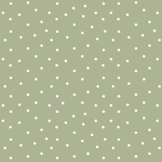 Riley Blake Sunflower Whispers by Lisa Audit Fabric C16673-GREEN by Riley Blake features evenly spaced white polka dots on a muted olive green 100% cotton background.