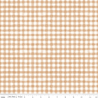 Riley Blake Sunflower Whispers by Lisa Audit C16674-BLUSH features a blush pink gingham check pattern with irregular lines in 100% cotton. An inch ruler appears along the bottom for scale. Fabric by Riley Blake.