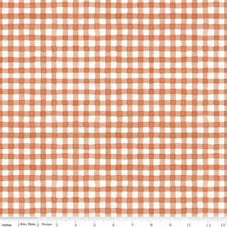 Riley Blake Sunflower Whispers by Lisa Audit Fabric C16674-PUMPKIN features a hand-drawn orange gingham on white. A ruler at the bottom edge shows inches 0-12. Made from 100% cotton by Riley Blake.