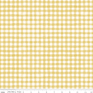 Riley Blake Sunflower Whispers by Lisa Audit Fabric (C16674-YELLOW) features a yellow and white gingham with hand-drawn lines. Ruler in inches shown for scale (0–12"). Premium 100% cotton by Riley Blake, ideal for quilting.