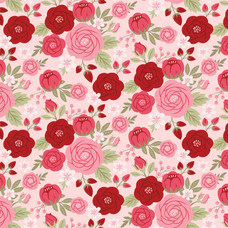 The Sew in Love Dani Mogstad for RBD Blush Main Yardage C16900-BLUSH by Riley Blake features red and pink roses, white flowers, and green leaves on pink cotton (44/45" wide). Enjoy free shipping on your order!.