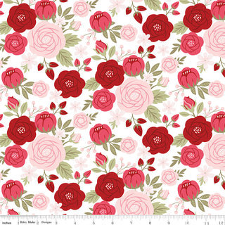 Sew in Love Dani Mogstad for RBD White Main Yardage C16900-WHITE by Fabric by Riley Blake features a repeating floral print with red and pink roses, green leaves, and small flowers on white cotton. A measurement ruler appears at the bottom.