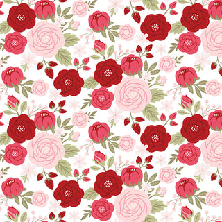 Sew in Love Dani Mogstad for RBD White Main Yardage C16900-WHITE by Fabric by Riley Blake: white cotton fabric with a seamless floral pattern of red and pink roses, green leaves, and buds. Free shipping—perfect for creative projects!.