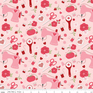 Sew in Love Dani Mogstad for RBD Blush Sewing Yardage C16901-BLUSH by Fabric by Riley Blake features pink sewing motifs on a light pink background—ideal for cotton fabric projects with free shipping available.