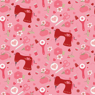 Sew in Love Dani Mogstad for RBD Rose Sewing Yardage C16901-ROSE by Fabric by Riley Blake features red sewing machines, scissors, thread spools, buttons, thimbles, and flowers on pink 44/45" cotton—ideal for your next project.