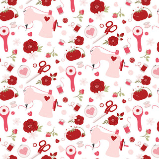 Sew in Love Dani Mogstad for RBD White Sewing Yardage C16901-WHITE by Riley Blake features pink sewing machines, red roses, and more on white cotton fabric (44/45" wide). Ideal for sewing projects. Free shipping included.
