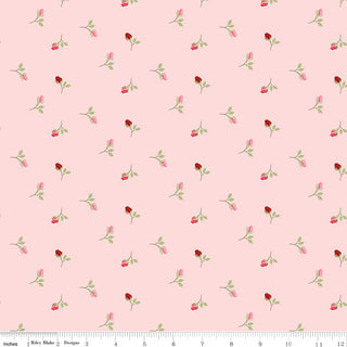 Sew in Love Dani Mogstad for RBD Blush Rosebuds Yardage C16902-BLUSH by Fabric by Riley Blake features a pale pink background with small rosebuds and green leaves, shown with inch ruler—ideal for cotton fabric orders.