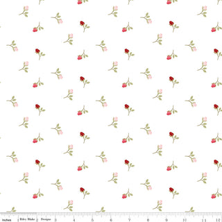 Sew in Love Dani Mogstad for Fabric by Riley Blake White Rosebuds Yardage C16902-WHITE features scattered red and pink rosebuds with green leaves on white cotton, 44/45” wide. Includes measuring ruler at bottom edge. Enjoy free shipping on your order!.