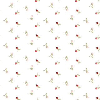 Sew in Love Dani Mogstad for Riley Blake White Rosebuds Yardage (C16902-WHITE) features small red and pink rosebuds with green leaves on white, 44/45" wide premium cotton fabric.