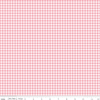 Sew in Love Dani Mogstad for RBD Rose Gingham Yardage C16906-ROSE by Riley Blake features a pink and white gingham checkered cotton fabric, 44/45" wide, with a ruler along the bottom edge showing inches for scale.