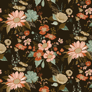 Seamless floral pattern with pink, blue, beige, and green on a dark brown background. Made from 100% cotton Riley Blake Morning Latte Main Espresso C16920-ESPRESSO fabric by Fabric by Riley Blake.