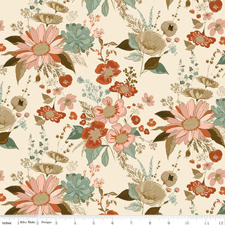 Seamless floral design featuring pink, red, teal, and cream flowers with green leaves on beige 100% cotton Riley Blake Morning Latte Main Latte C16920-LATTE fabric; ruler at bottom shows scale.