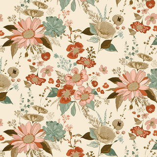 Seamless floral pattern with pink, red, and blue flowers plus green and brown leaves on a beige background, printed on 100% cotton Riley Blake Morning Latte Main Latte C16920-LATTE Fabric by Riley Blake.