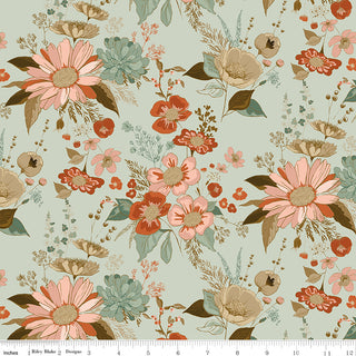 Riley Blake Morning Latte Main Songbird C16920-SONGBIRD fabric by Riley Blake features pink, peach, and blue flowers with green leaves on light green 100% cotton; a ruler at the bottom shows scale.