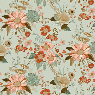 Seamless floral pattern in pink, red, beige, and green on light green—perfect for Riley Blake Morning Latte Main Songbird C16920-SONGBIRD Fabric Yardage by Fabric by Riley Blake, crafted from 100% cotton.