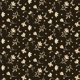 A seamless beige floral pattern with flowers and leaves on a dark brown background, ideal for Riley Blake Morning Latte Floral Espresso C16921-ESPRESSO fabric yardage by Fabric by Riley Blake in 100% cotton.