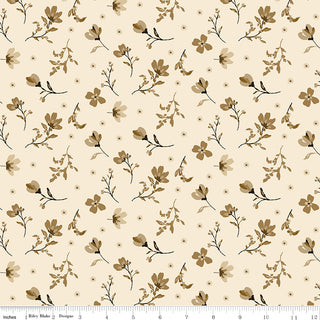 Riley Blake Morning Latte Floral Latte C16921-LATTE Fabric Yardage by Fabric by Riley Blake features a scattered pattern of small brown and tan flowers and leaves with a ruler along the bottom edge to show scale in inches.