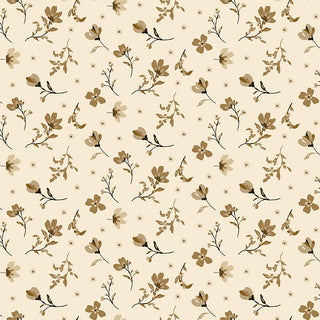 Seamless beige background with a repeating pattern of small brown florals and scattered leaves, inspired by Riley Blake Morning Latte Floral Latte C16921-LATTE Fabric Yardage from Fabric by Riley Blake.
