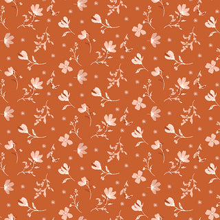 Riley Blake Morning Latte Floral Spice C16921-SPICE fabric features light pink floral designs on a rust-orange background. Made from 100% cotton by Riley Blake, it's ideal for adding a soft, decorative touch to your projects.