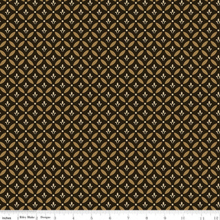 Riley Blake Morning Latte Tile Espresso C16922-ESPRESSO fabric features a beige vine and leaf geometric pattern on dark brown, 100% cotton, from Fabric by Riley Blake. Ruler at bottom shows inches for scale.