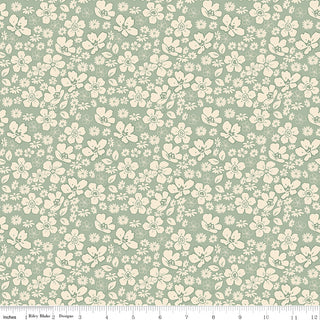 Cream-colored floral and leaf pattern on muted green, 100% cotton Riley Blake Morning Latte Tonal Floral Aloe C16923-ALOE fabric yardage, with an inch ruler at the bottom for scale.