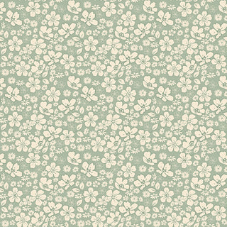 The Riley Blake Morning Latte Tonal Floral Aloe C16923-ALOE fabric features a beige floral print with simple flowers and leaves on muted green 100% cotton. Part of the Morning Latte collection by Fabric by Riley Blake.