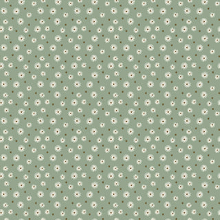 Riley Blake Morning Latte Seedpods Aloe C16924-ALOE Fabric Yardage by Riley Blake features small white daisy-like flowers with yellow centers on a muted green 100% cotton background in a repeating floral pattern.