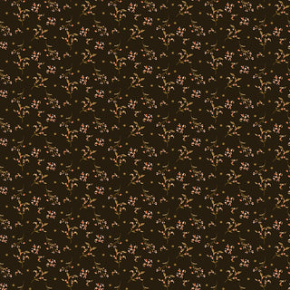 Riley Blake Morning Latte Berries Espresso C16925-ESPRESSO Fabric features small pink and yellow floral motifs on a dark brown cotton background. Yardage by Fabric by Riley Blake.