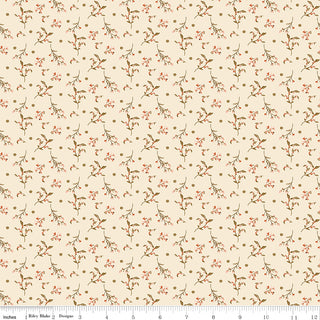 Riley Blake Morning Latte Berries Latte C16925-LATTE fabric yardage by Fabric by Riley Blake features beige 100% cotton with a repeating pattern of small brown branches and red flowers, plus an inch ruler along the bottom edge for scale.
