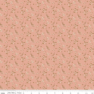 Riley Blake Morning Latte Berries Pink C16925-PINK features a pink 100% cotton fabric with small white flowers and green stems. Shown with an inch ruler for scale. Brand: Fabric by Riley Blake.