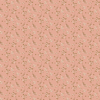 Delicate white flowers with green stems and leaves on a muted pink background, printed on Riley Blake Morning Latte Berries Pink C16925-PINK 100% cotton fabric by Fabric by Riley Blake.
