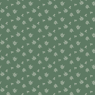 The Riley Blake Morning Latte Ditsy Green C16926-GREEN fabric features a green background with small, white floral clusters and is made from 100% cotton by Fabric by Riley Blake.