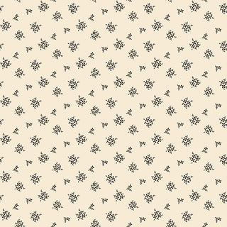 Riley Blake Morning Latte Ditsy Latte C16926-LATTE features a beige background with evenly spaced small black floral clusters. Made from 100% cotton by Fabric by Riley Blake for a soft, high-quality finish.