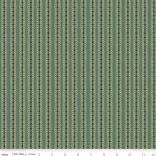 Green fabric featuring vertical cream geometric stripes with a ruler along the bottom for scale. This is Riley Blake Morning Latte Stripes Green C16927-GREEN cotton yardage from Fabric by Riley Blake.
