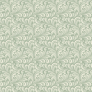 Cream-colored paisley shapes and dots on muted green create a vintage look on Riley Blake Morning Latte Swirls Aloe C16928-ALOE 100% cotton fabric, available by the yard from Fabric by Riley Blake.