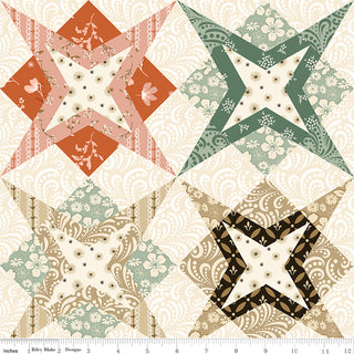 The Riley Blake Morning Latte Star Cheater Print C16929-MULTI fabric features four star blocks in green, brown, pink, and beige floral motifs on a cream paisley background by Sandy Gervais; ruler shown for scale.