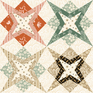 The Riley Blake Morning Latte Star Cheater Print C16929-MULTI features a geometric star quilt pattern in green, peach, cream, and brown with floral and paisley designs. Fabric by Riley Blake.