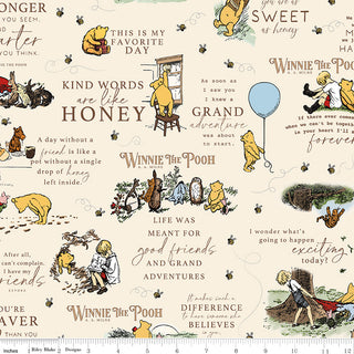 Echo Park for Riley Blake Designs Winnie the Pooh Main Cream Fabric (C17000-CREAM) by Riley Blake features Pooh illustrations, bees, and friendship quotes. Yardage is shown with a ruler at the bottom edge.