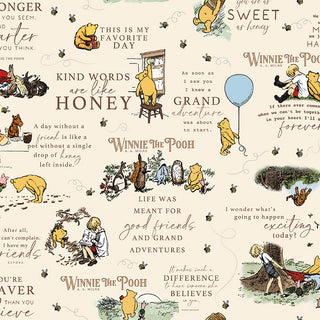 Echo Park for Riley Blake Designs' Winnie the Pooh Main Cream Fabric (C17000-CREAM) features classic characters, quotes, and bees on cream—a charming fabric by Riley Blake perfect for creative projects by the yard.
